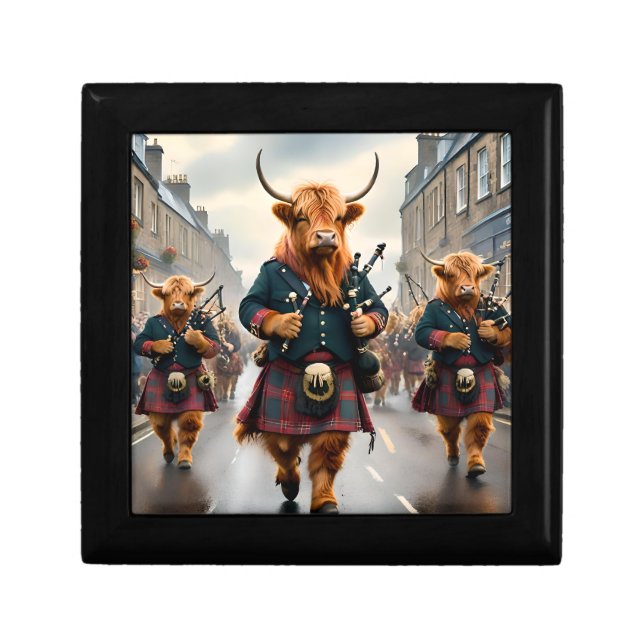 Highland Harmony:  Bagpipe Highland Cow Band  Gift Box (Front)