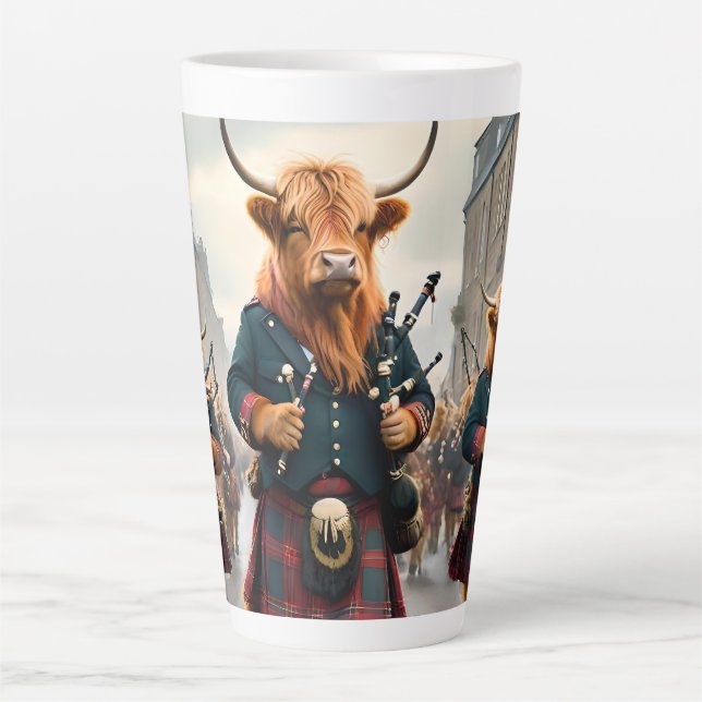 Highland Harmony:  Bagpipe Highland Cow Band  Latte Mug (Front)