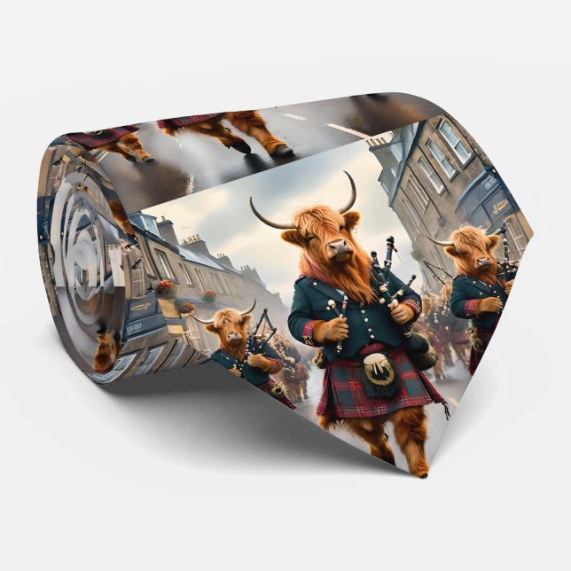 Highland Harmony:  Bagpipe Highland Cow Band  Neck Tie (Rolled)
