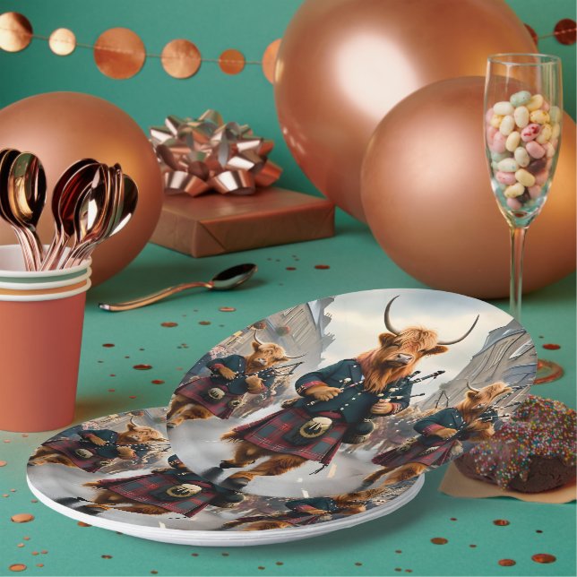 Highland Harmony:  Bagpipe Highland Cow Band  Paper Plates (Multi)