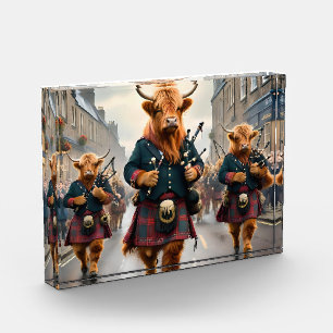 Highland Harmony: Bagpipe Highland Cow Band Photo Block