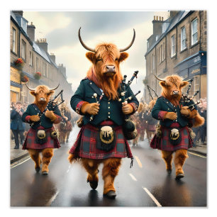 Highland Harmony: Bagpipe Highland Cow Band Photo Print