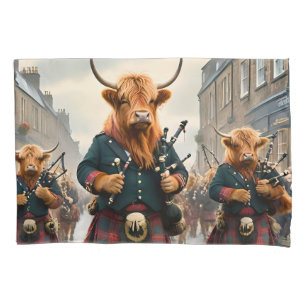 Highland Harmony:  Bagpipe Highland Cow Band  Pillow Case