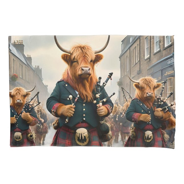 Highland Harmony:  Bagpipe Highland Cow Band  Pillow Case (Front)