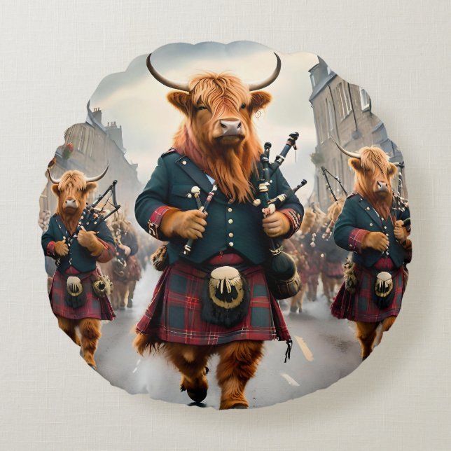Highland Harmony:  Bagpipe Highland Cow Band  Round Pillow (Front)