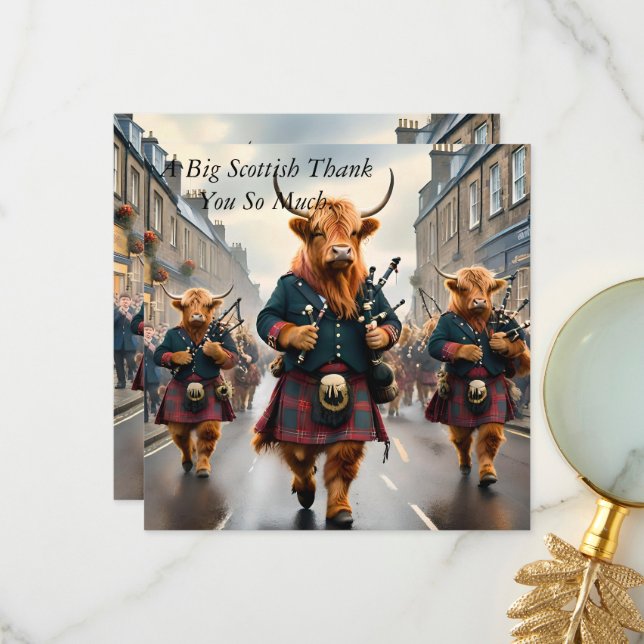 Highland Harmony:  Bagpipe Highland Cow Band  Thank You Card (Front/Back In Situ)
