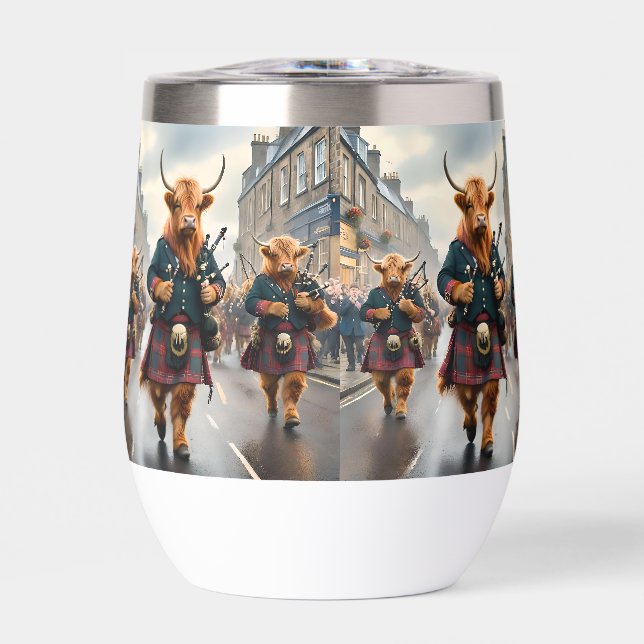 Highland Harmony:  Bagpipe Highland Cow Band  Thermal Wine Tumbler (Front)
