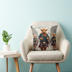 Highland Harmony: Bagpipe Highland Cow Band Throw Pillow
