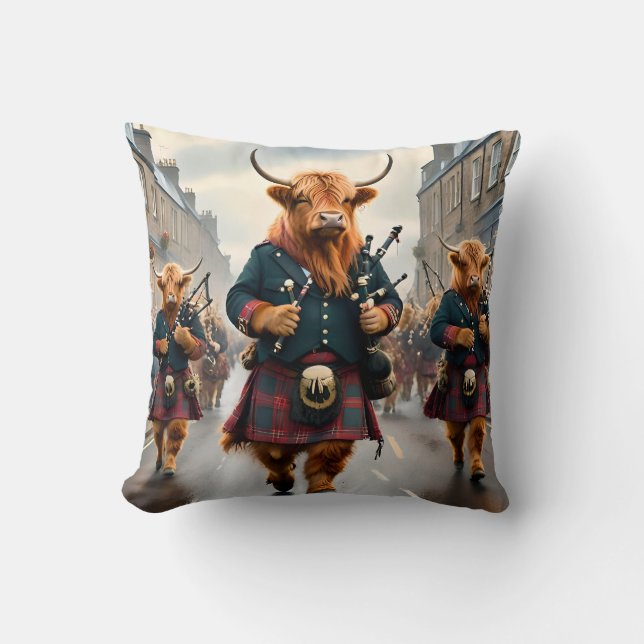 Highland Harmony:  Bagpipe Highland Cow Band  Throw Pillow (Front)