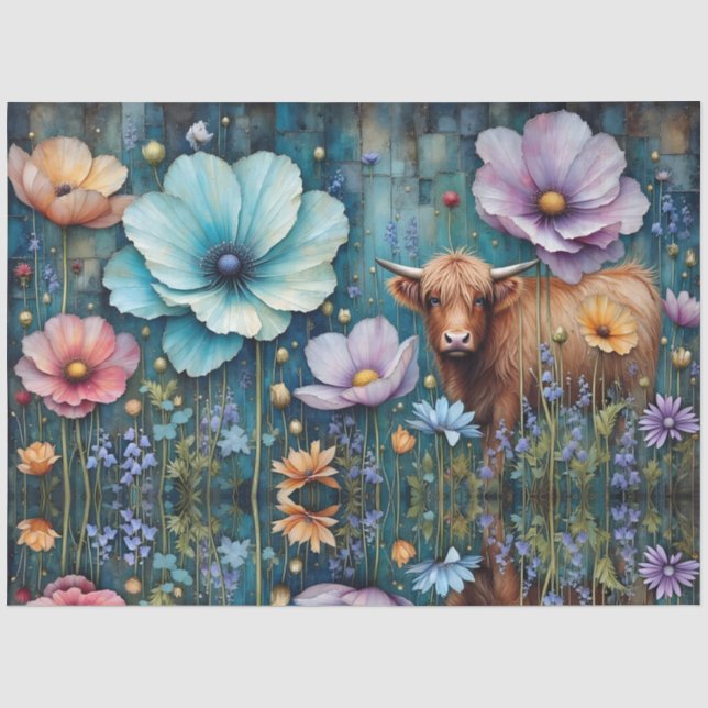 Highland heifer Floral Colorful Cosmos Tapestry Tissue Paper (Front)