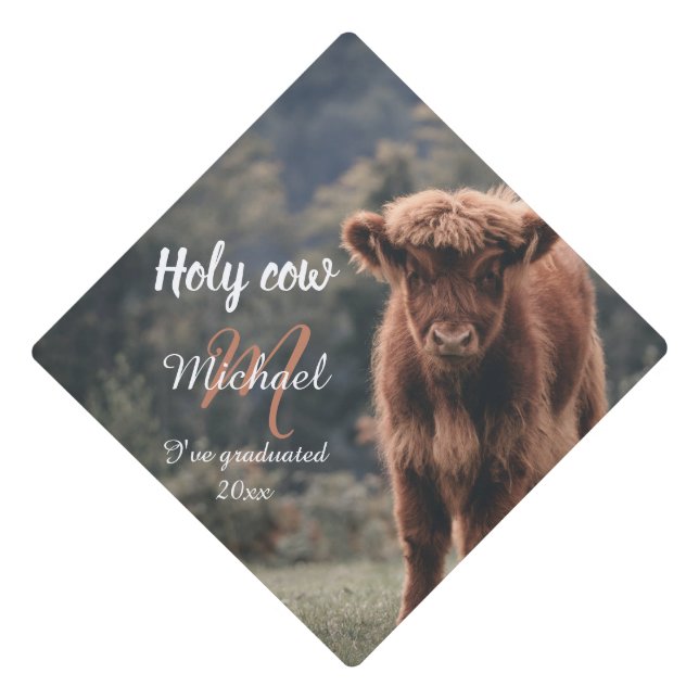Highland holy cow calf I graduated monogram Graduation Cap Topper (Front)