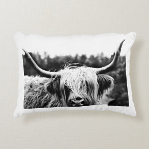 Highland Longhorn Cow Black and White Rustic Boho Accent Pillow