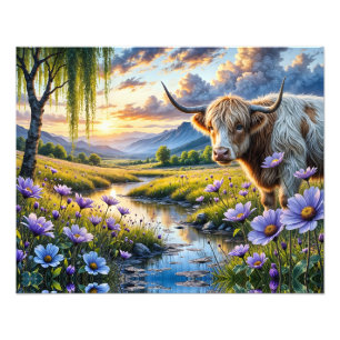 Highland/Longhorn cross Cow in Floral Landscape Photo Print