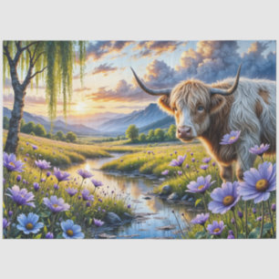 Highland/Longhorn cross Cow in Floral Landscape Tissue Paper