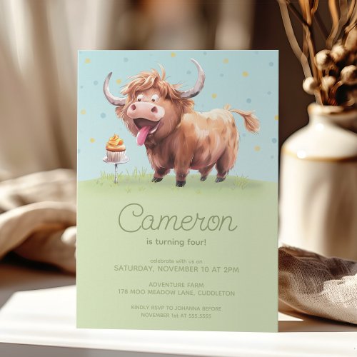 Highland miniature cow kids birthday celebration invitation