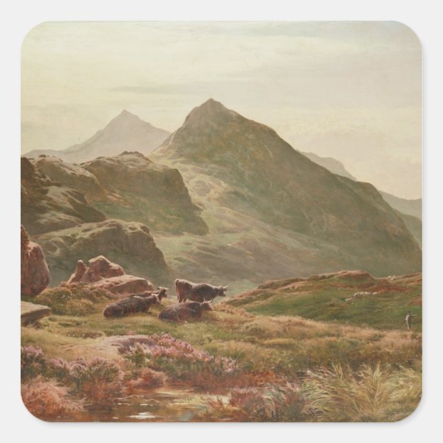 Highland scene square sticker (Front)