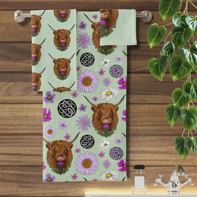 Highland Scottish Cow Purple Celtic Knot Work Bath Towel Set (Creator Uploaded)