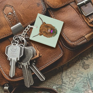 Highland Scottish Cow Purple Celtic Thistle Keychain