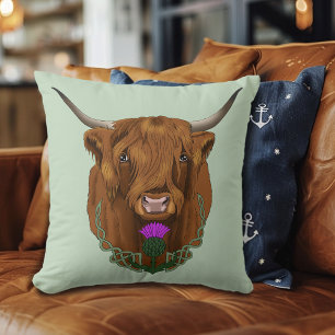 Highland Scottish Cow Purple Celtic Thistle Throw Pillow