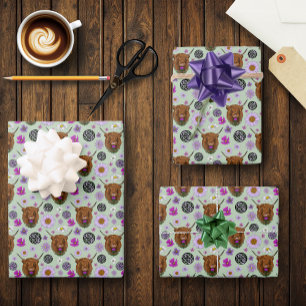 Highland Scottish Cow Purple Celtic Thistle Wrapping Paper Sheets