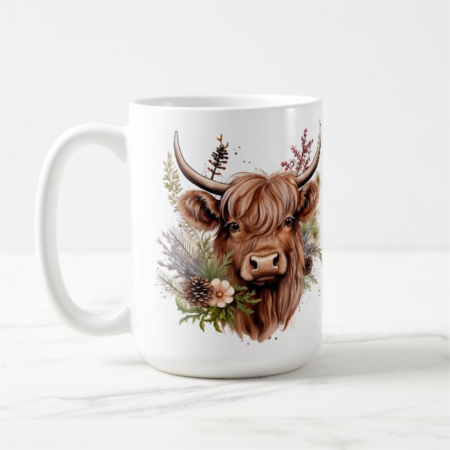 Highland Scottish Cow with Flowers Customizable Coffee Mug (Left)