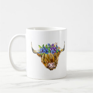 Highland Scottish Cow with Flowers Watercolor Coffee Mug
