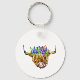 Highland Scottish Cow with Flowers Watercolor Keychain