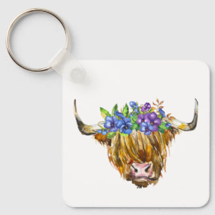 Highland Scottish Cow with Flowers Watercolor Keychain
