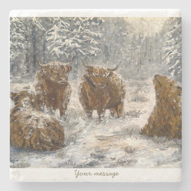  Highland Soul: Whimsical Snowy Cows Vintage Stone Coaster (Front)