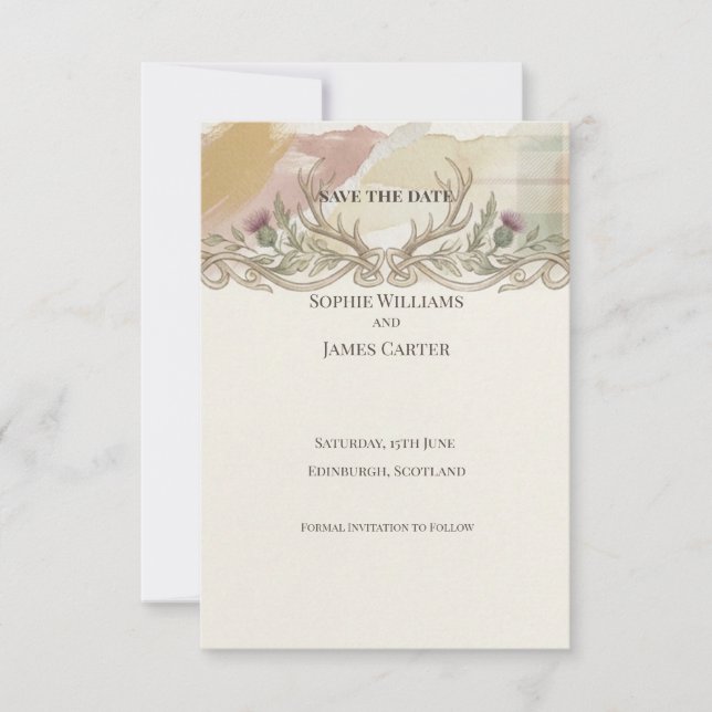Highland Stag Thistle Save the Date Card (Front)