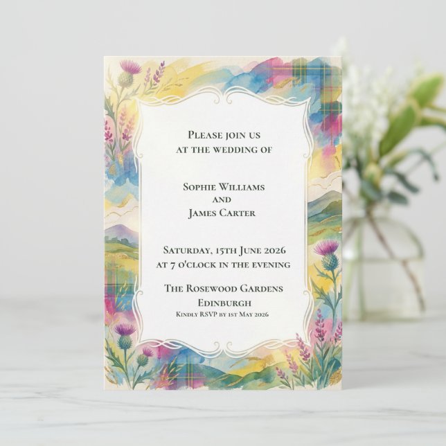 Highland Tartan Thistle Wedding Invitation (Standing Front)