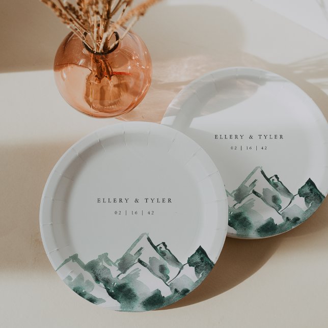 Highland | Watercolor Mountain Wedding Paper Plates (Creator Uploaded)