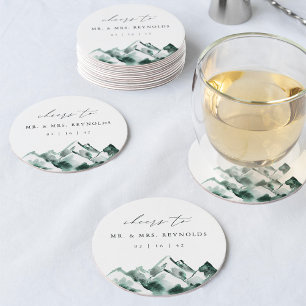 Highland Watercolor Mountain Wedding Round Paper Coaster