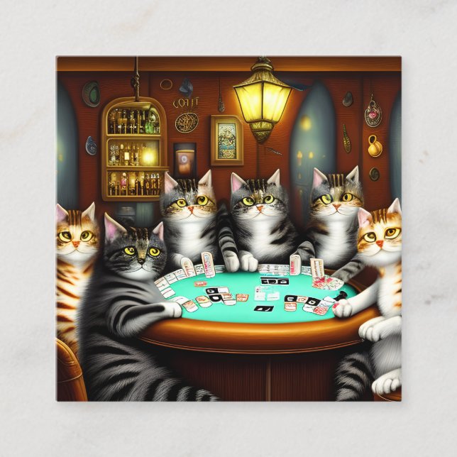 Highly Detailed Cats Playing Poker Square Business Card (Front)