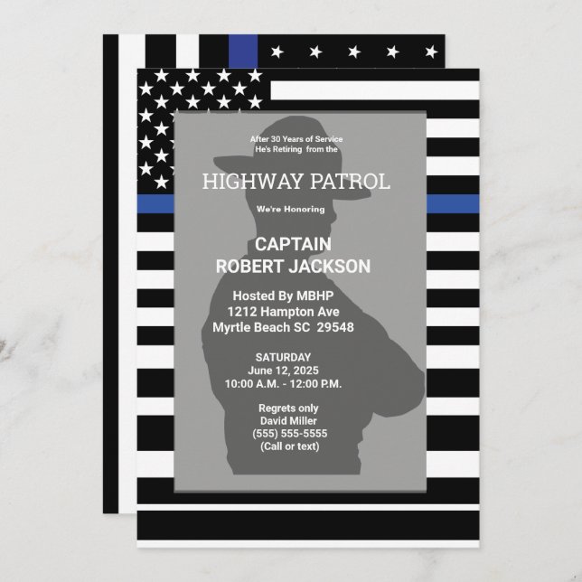 Highway Patrol Flag Blue Line Retirement Party   Invitation (Front/Back)