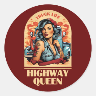 Highway Queen Vintage Illustration - Trucking Girl Classic Round Sticker
