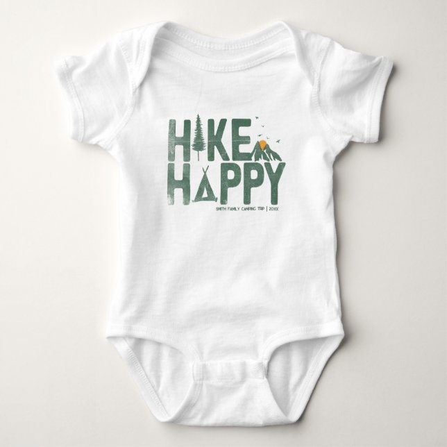Hike Happy Camper Hiker Hiking Family Personalized Baby Bodysuit (Front)