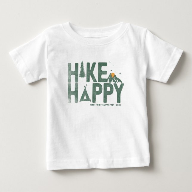 Hike Happy Camper Hiker Hiking Family Personalized Baby T-Shirt (Front)