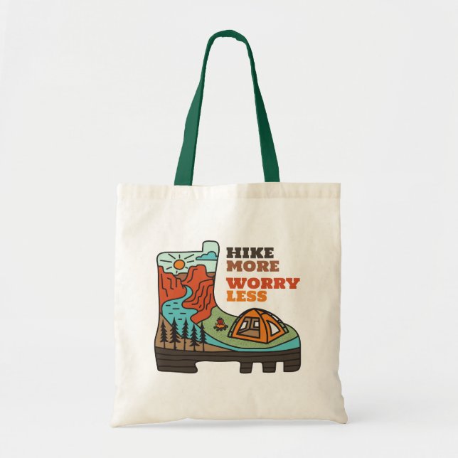 Hike More Worry Less Funny Hiking Tote Bag (Front)