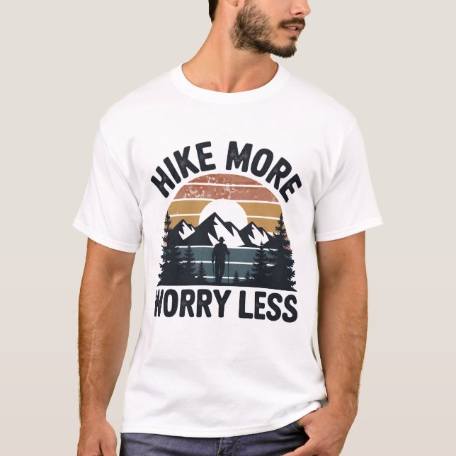 Hike More, Worry Less – Retro Sunset Hiking Tee (Front)