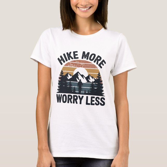 Hike More, Worry Less – Retro Sunset Hiking Tee (Front)
