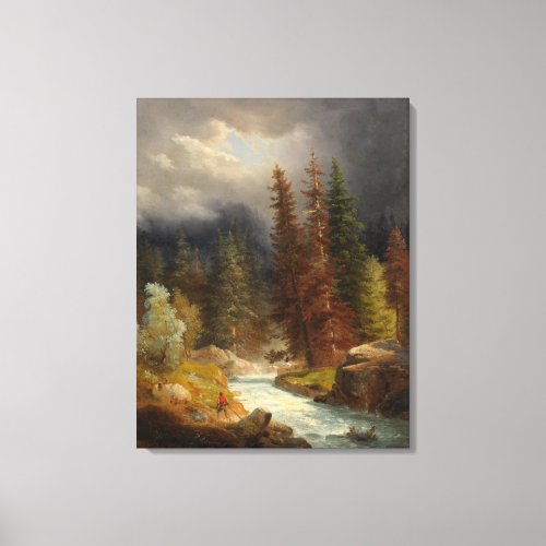Hiker Beside a Torrential River by Achenbach Canvas Print
