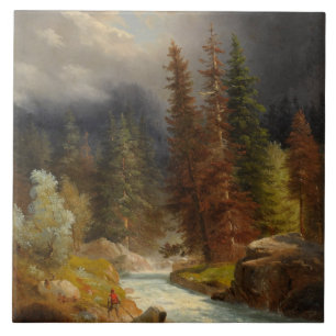 Hiker Beside a Torrential River in a German Forest Ceramic Tile