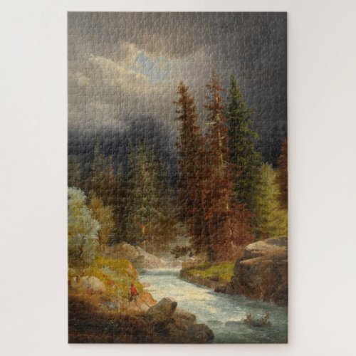 Hiker Beside a Torrential River in a German Forest Jigsaw Puzzle
