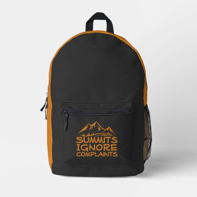 Hiker camping humor black orange printed backpack (Front)