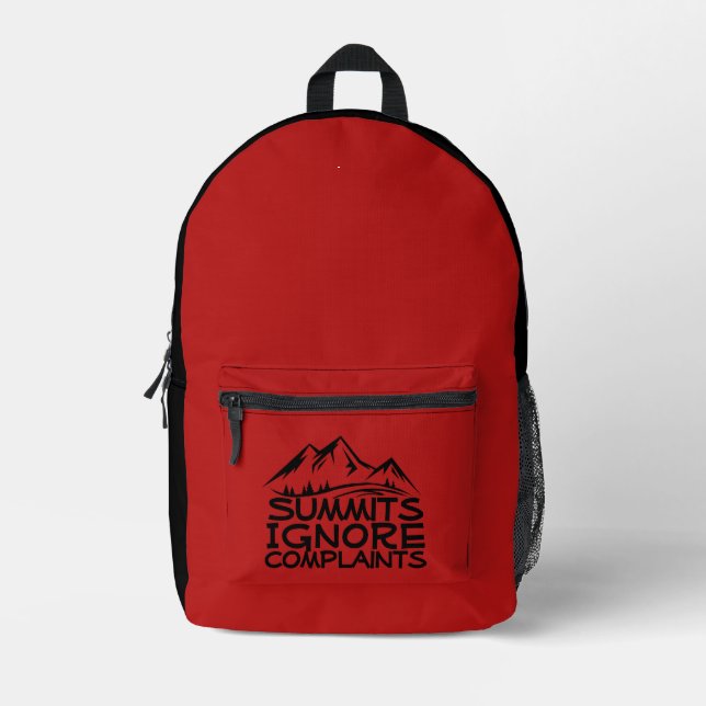 Hiker camping humor black orange red printed backpack (Front)