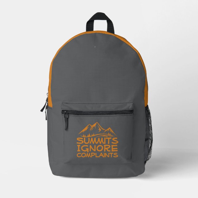 Hiker camping humor gray orange printed backpack (Front)