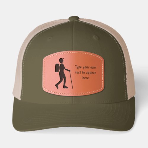 Hiker graphic with your own text on front and back leather patch hat