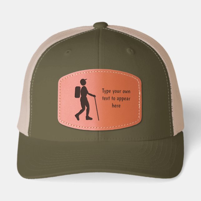 Hiker graphic with your own text on front and back leather patch hat (Front)