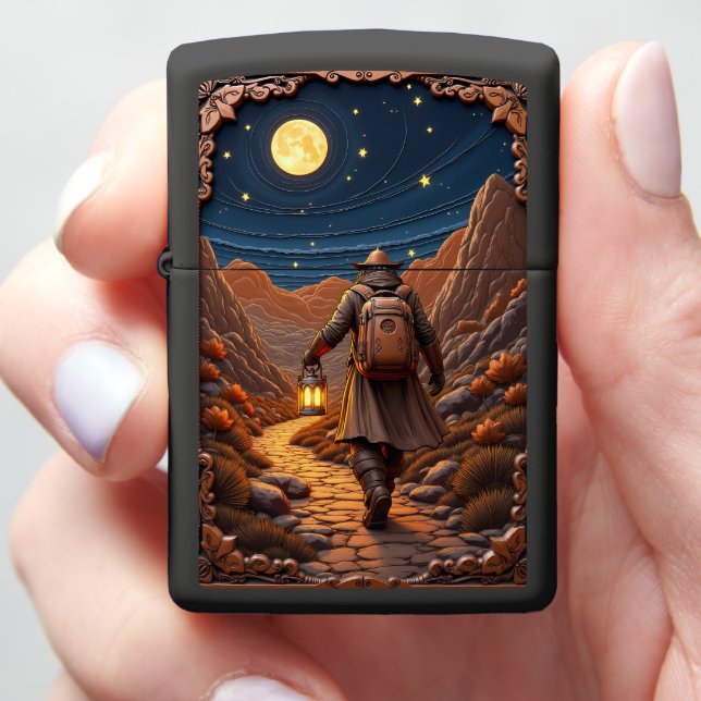 Hiker Night Path Full Moon Zippo Lighter (In Hand)